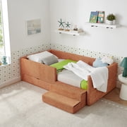 Twin Size Kids Bed Frame with Guardrails and Storage Drawer Upholstered Toddler Bed with Step Stool Boucle Platform Bed for Kids Bedroom, Orange