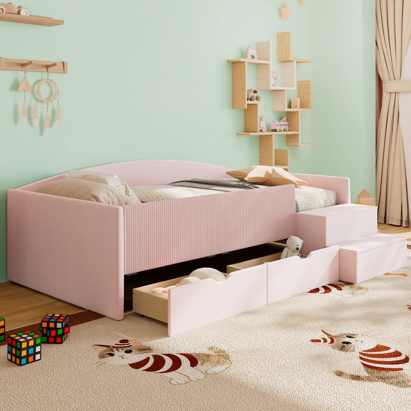 Twin Size Kids Daybed Frame with Small Stair & 2 Storage Drawers, Velvet+Corduroy Dual Upholstered Accent Platform Bed