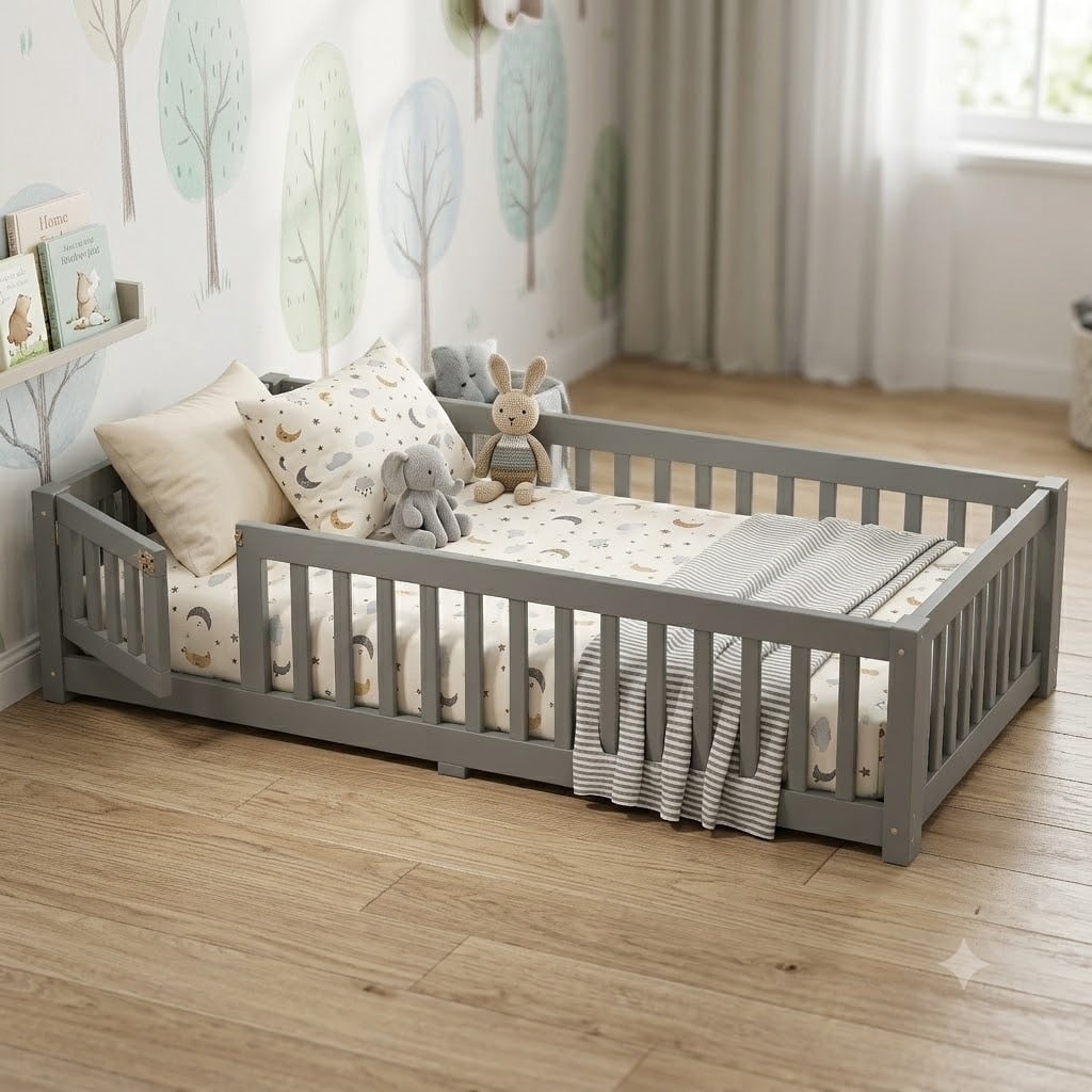 Twin Size Kids Floor Bed with Door and Full-Length Guardrails, Wood Montessori Floor Bed with Support Slats, Toddler Bed for Boys Girls, No Box Spring Needed Design