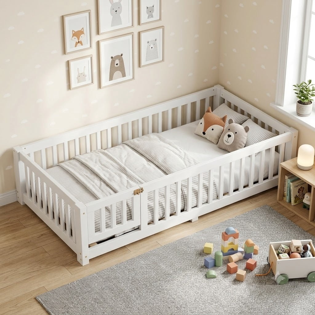 Twin Size Kids Floor Bed with Door and Full-Length Guardrails, Wood Montessori Floor Bed with Support Slats, Toddler Bed for Boys Girls, No Box Spring Needed Design