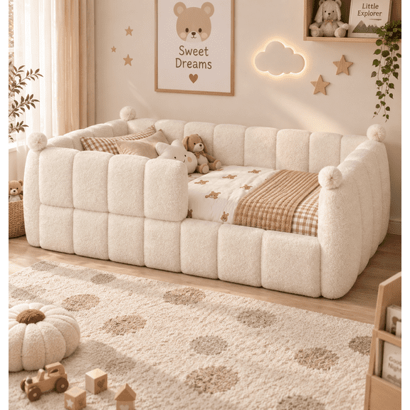 Twin Size Kids Floor Bed, Soft Upholstered Montessori Floor Bed with Full Surround Safety Rails, Low Profile Toddler Bed Frame for Boys & Girls