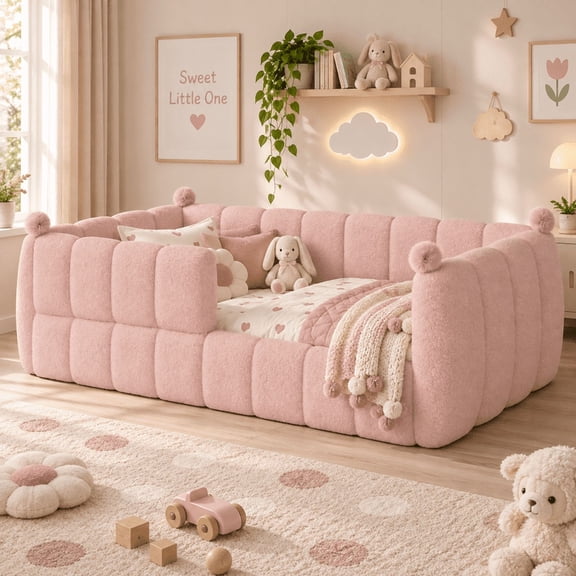 Twin Size Kids Floor Bed, Soft Upholstered Montessori Floor Bed with Full Surround Safety Rails, Low Profile Toddler Bed Frame for Boys & Girls
