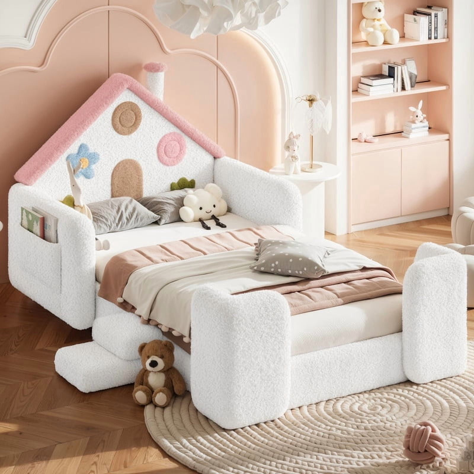 Twin Size Kids Floor Bed with House Shaped Headboard, Upholstered Teddy Fabric Child Storage Platform Bed Frame with Pocket