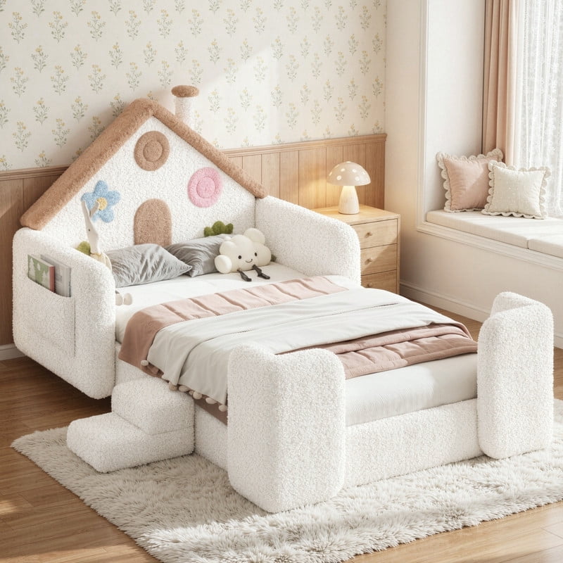 Twin Size Kids Floor Bed with House Shaped Headboard, Upholstered Teddy Fabric Child Storage Platform Bed Frame with Pocket