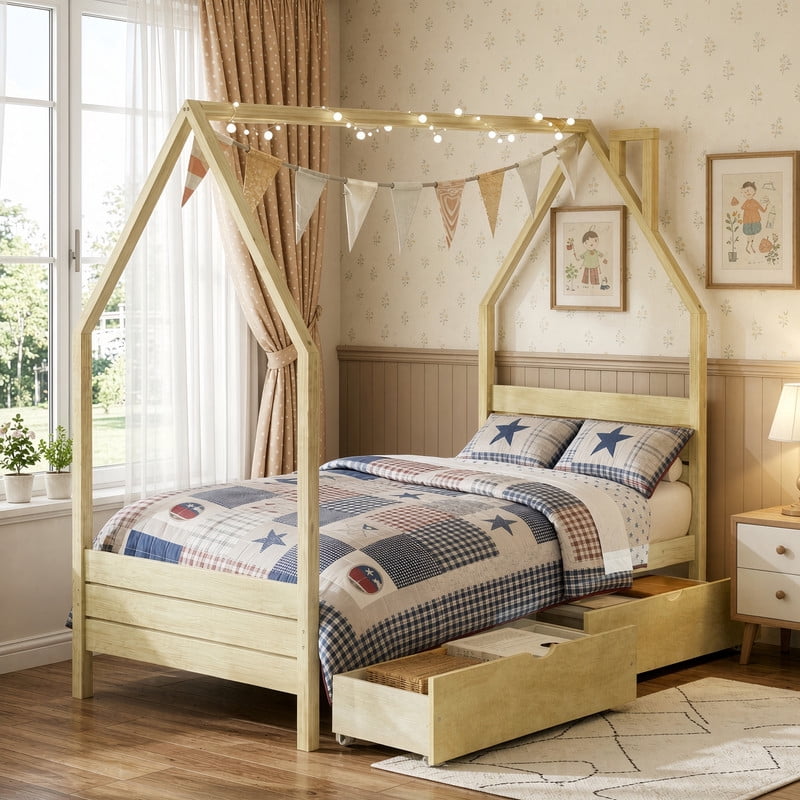 Twin Size Kids House Bed Frame, Montessori Child Floor Bed with 2 Storage Drawers, Wooden Low Profile Platform Bed
