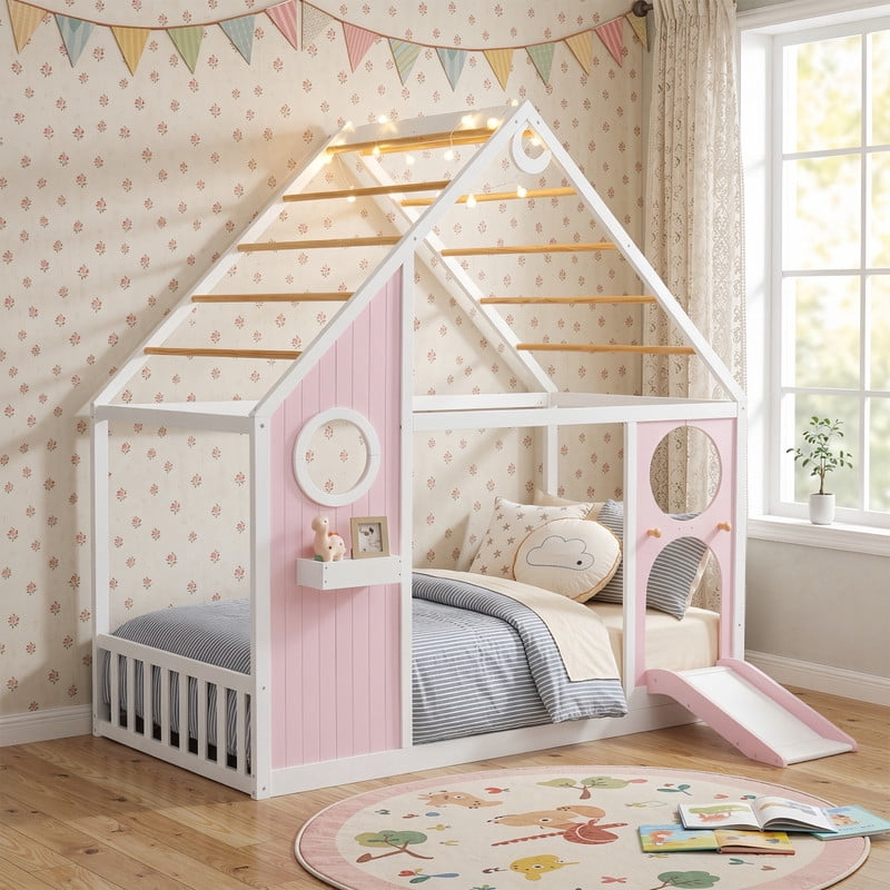 Twin Size Kids House Bed with Small Slide, Wooden Playhouse Floor Design Platform Bed Frame with Light Strip & Storage Shelf