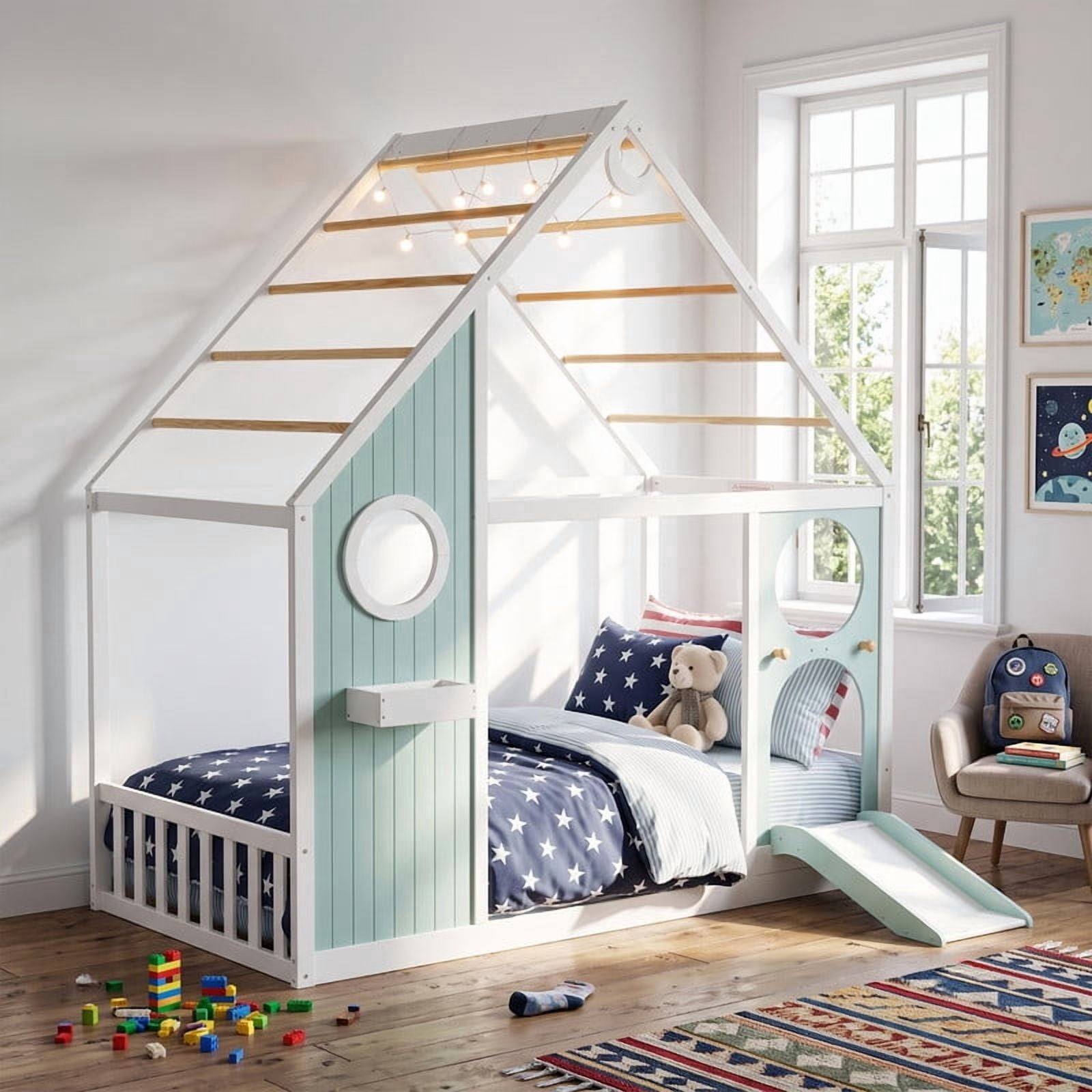 Twin Size Kids House Bed with Small Slide, Wooden Playhouse Floor Design Platform Bed Frame with Light Strip & Storage Shelf