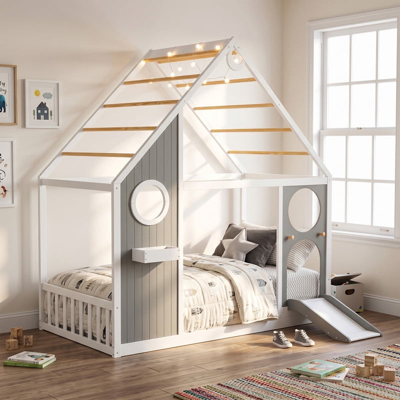 Twin Size Kids House Bed with Small Slide, Wooden Playhouse Floor Design Platform Bed Frame with Light Strip & Storage Shelf