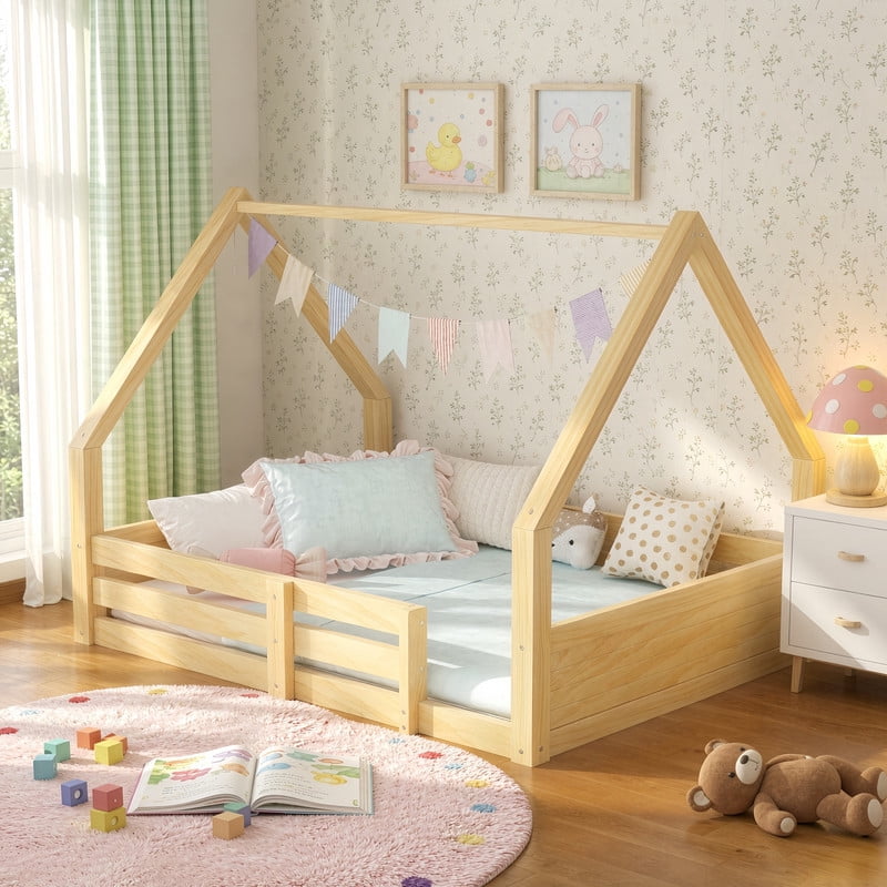 Twin Size Kids House Floor Bed, Wooden Platform Bed Frame with Open Roof Frame, Child Bed with Fence Guardrails
