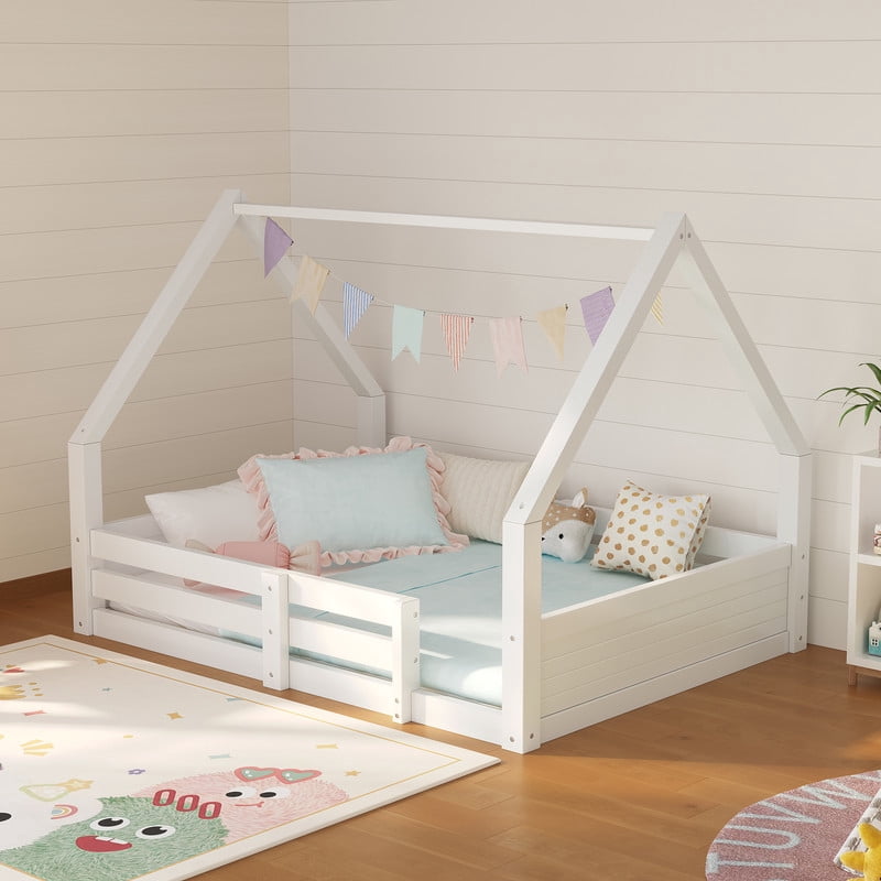 Twin Size Kids House Floor Bed, Wooden Platform Bed Frame with Open Roof Frame, Child Bed with Fence Guardrails