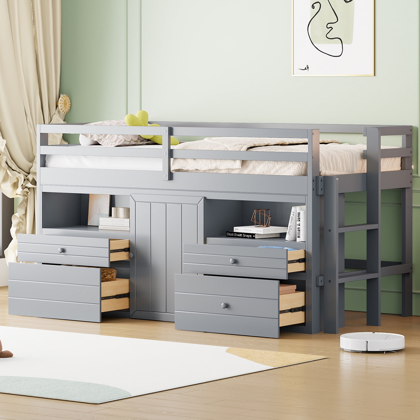 Twin Size Kids Loft Bed with Storage, Low Loft Bed with Underneath ...