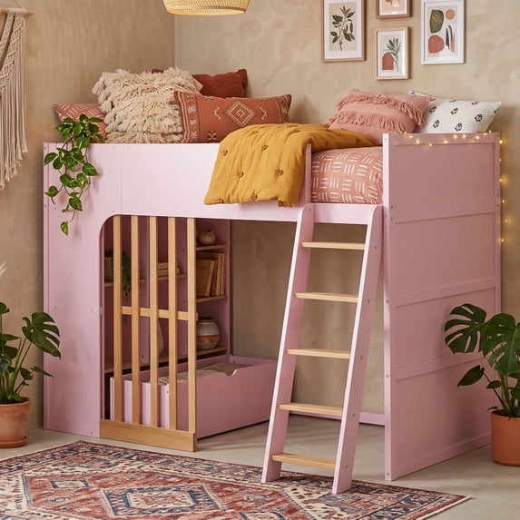 Twin Size Kids Loft Bed with Shelves, Wooden High Profile Teens Storage Bed Frame with Ladder and Removable Large Drawer
