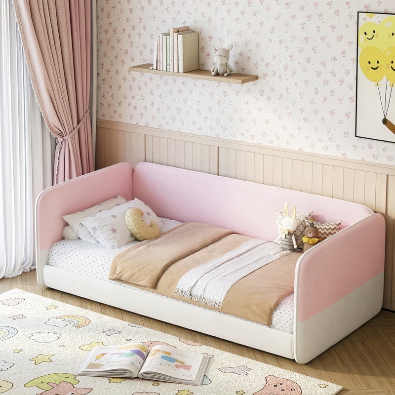Twin Size Kids Low Profile Platform Floor Bed with Headboard and Armrests, Velvet Upholstered Child Daybed Frame with Guardrail