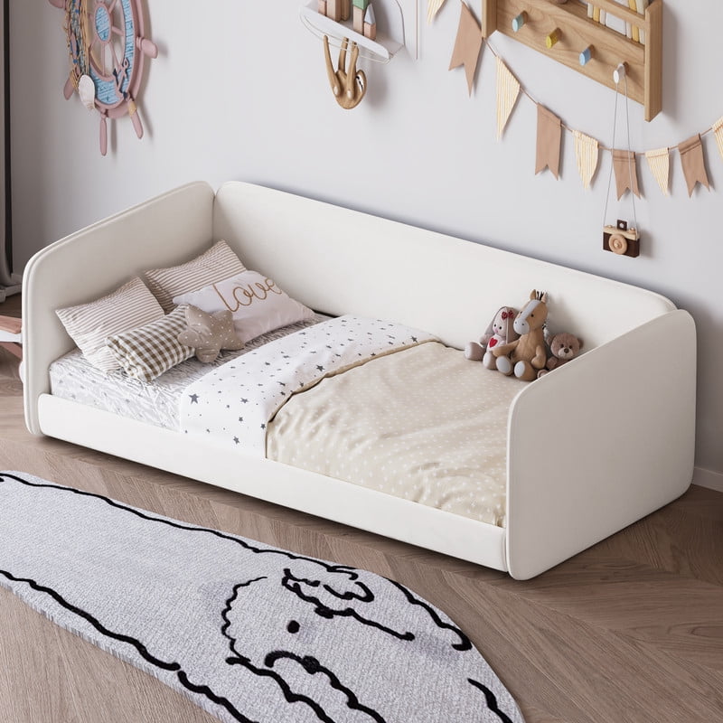 Twin Size Kids Low Profile Platform Floor Bed with Headboard and Armrests, Velvet Upholstered Child Daybed Frame with Guardrail