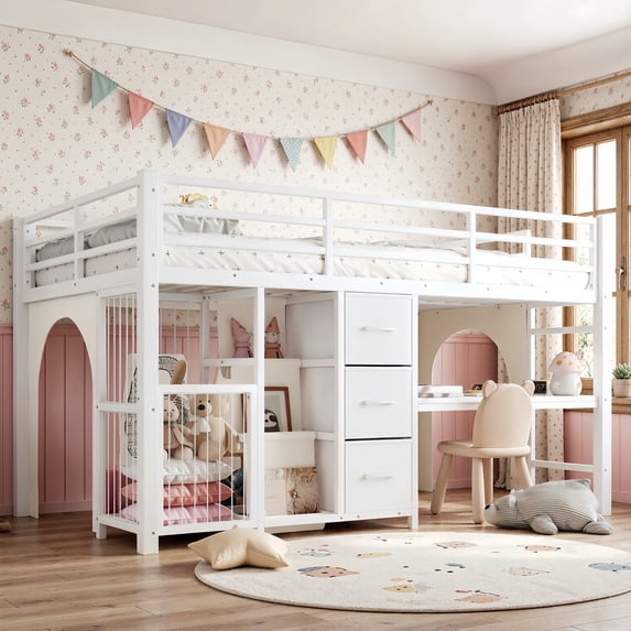 Twin Size Kids Metal Storage Loft Bed with Toy Basket, Low-Profile Bed ...