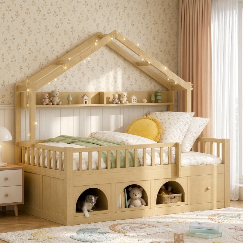 Twin Size Kids Montessori Floor Bed Frame with Guardrail & Drawer, Children House Platform Bed with LED Light & Small Cat Bed