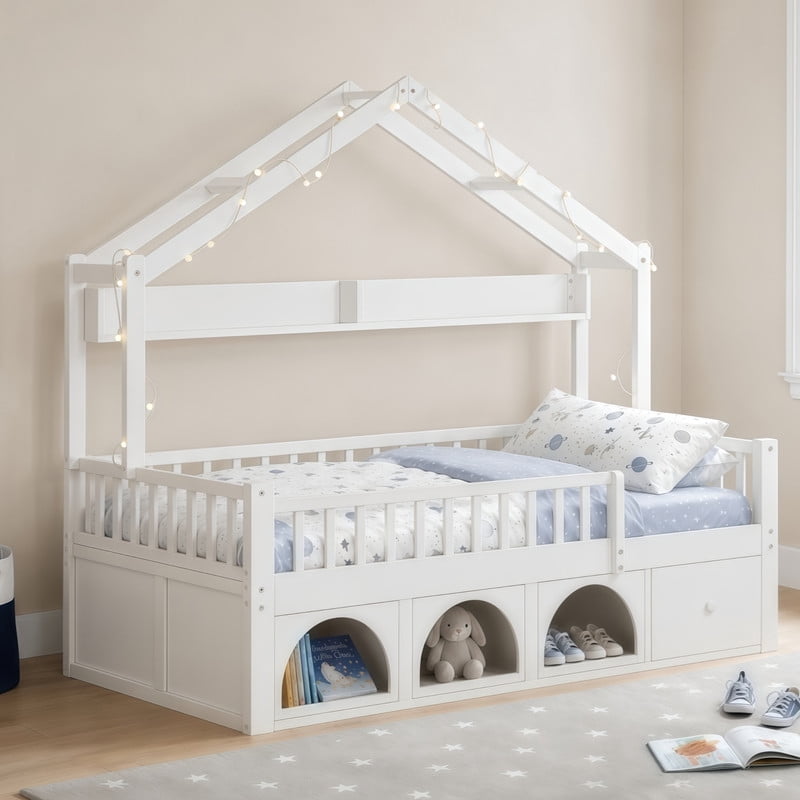Twin Size Kids Montessori Floor Bed Frame with Guardrail & Drawer, Children House Platform Bed with LED Light & Small Cat Bed