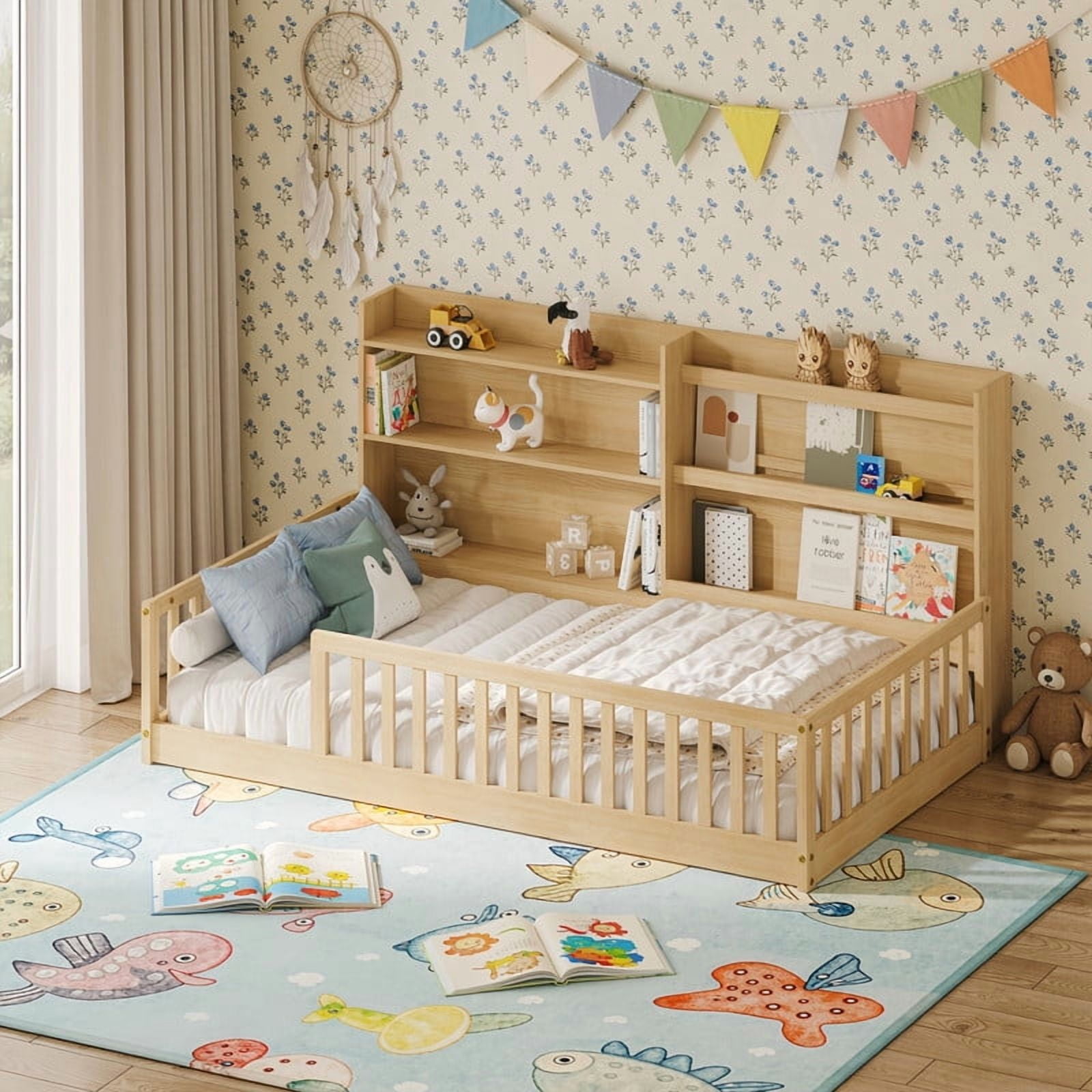 Twin Size Kids Montessori Floor Bed with Bookshelf & Safety Guardrail, Wood Low-Profile Platform Bed Frame with Slats