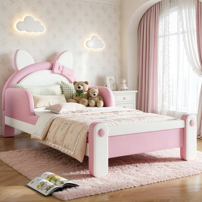 Twin Size Kids Platform Bed with Cartoon Cat-Shaped Headboard, Upholstered PU Leather Princess Bed, Low Profile Child Bed Frame