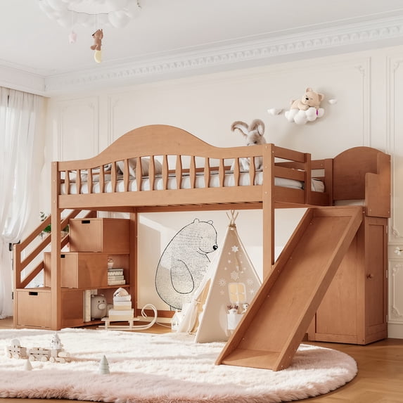 Twin Size Kids/Teens Loft Bed with Storage Staircase, Slide & Wardrobe, Princess Bed Frame with Curved Guardrail