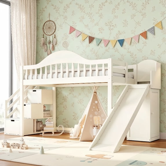 Twin Size Kids/Teens Loft Bed with Storage Staircase, Slide & Wardrobe, Princess Bed Frame with Curved Guardrail