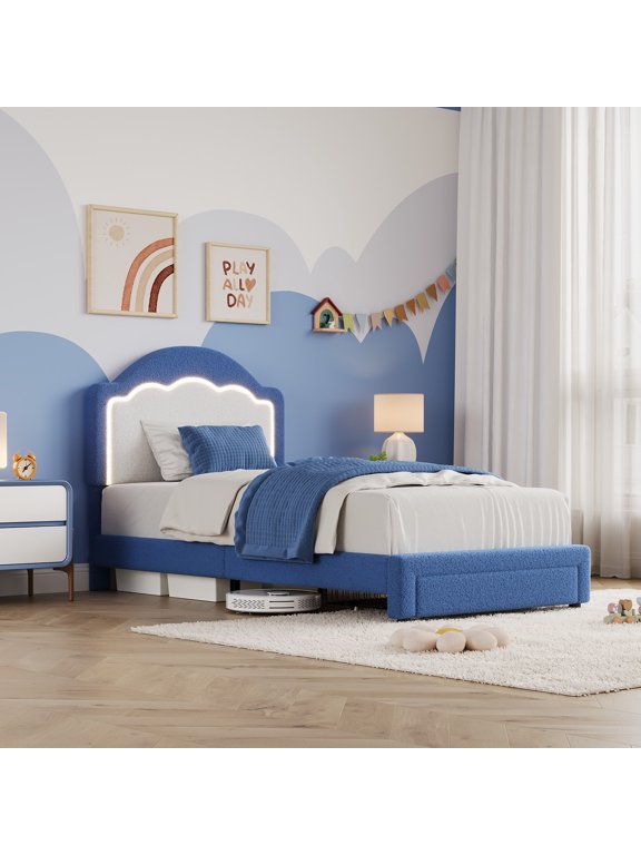 Twin Size Kids Upholstered Platform Bed Frame with Adjustable LED Headboard – Soft Boucle Sherpa – Storage Drawer – Wooden Slats – Light Blue & White, T-shirt Style with Tail Drawstring