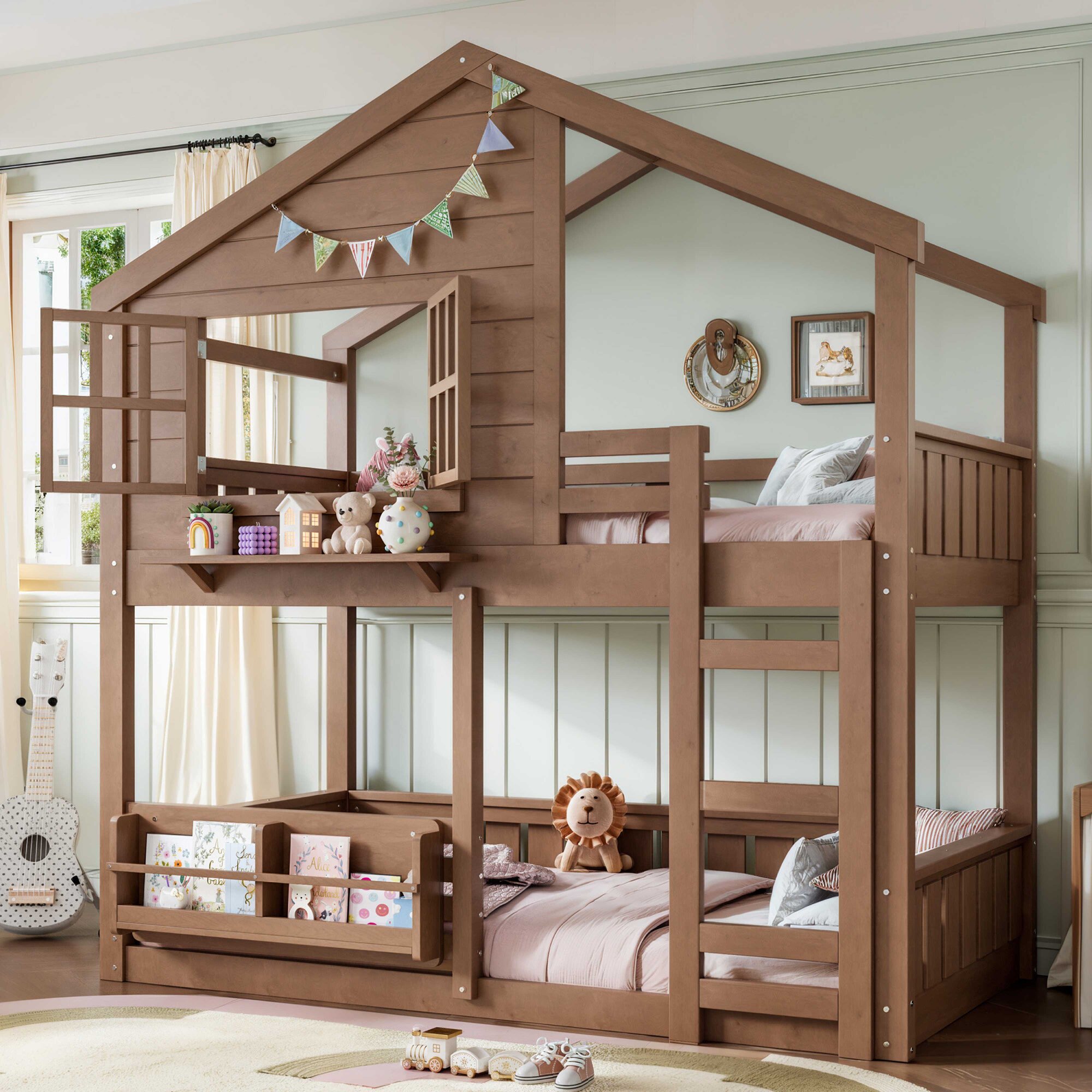 Twin Size Kids Wood House Bunk Bed With Bookshelf And Guardrails Natural: Quick Guide for Smart Shoppers