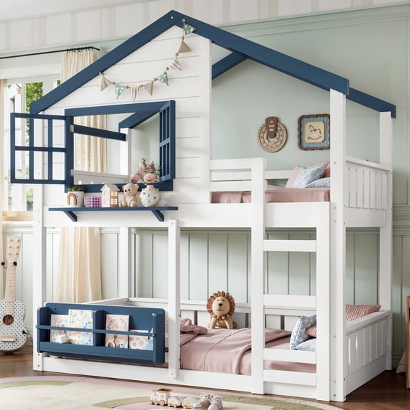 Twin Size Kids Wood House Bunk Bed with Bookshelf and Guardrails, White Blue