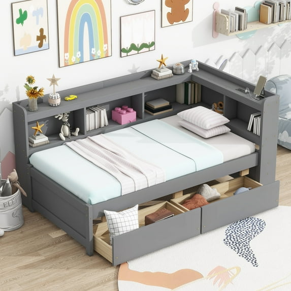 Twin Size L-Shaped Bookcase Bed with Built-In Charging Station, 2 Storage Drawers & Solid Wood Frame, No Box Spring Needed, Space-Saving Multifunctional Sofa Bed, Easy Assembly, Grey