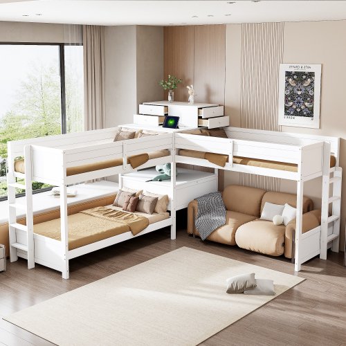 Twin Size L-Shaped Bunk Bed with Built-In Desk, 4 Drawers, USB Ports & Power Outlet, Solid Wood Frame with Guardrails for Bedroom, White