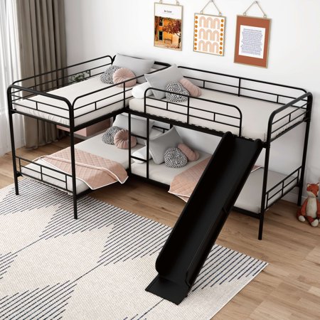 Twin Size L-Shaped Bunk Bed with Slide and Ladder, Black