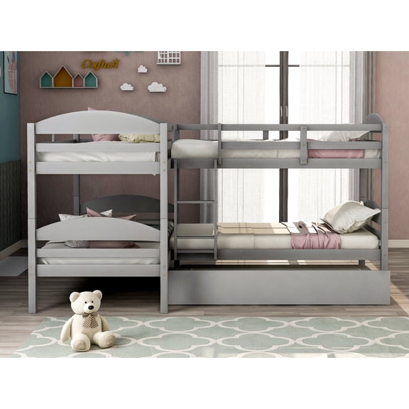 Twin Size L-Shaped Bunk bed Frame with Trundle, Solid Wood Quad Bunk bed Frame with Safety Guardrails and Ladde for Bedroom, Apartment, Mattress not included, No Spring Box Needed, Gray