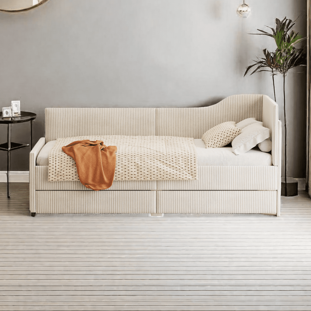 Twin Size LShaped Corduroy Daybed, Upholstered Day Bed Frame with 2