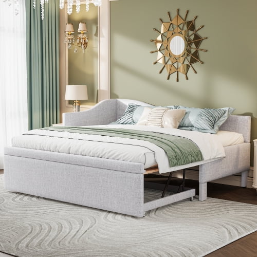 Twin Size L-Shaped Daybed with Pop Up Trundle, Beige Upholstered Sofa Bed, Convertible Twin to King Sleeper for Guest Room, Living Room
