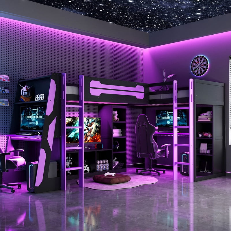 Twin Size L-Shaped Gaming Loft Bed with RGB LED Lights, Dual Twin Beds, USB Charging Ports & TV Stand, Wood Loft Bedframe Playhouse Bed with Storage Shelves & Reversible Layout