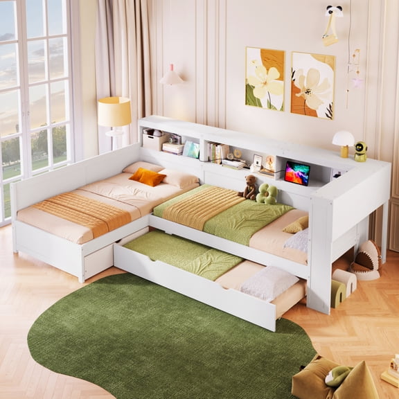 Twin Size L-Shaped Platform Bed with Trundle and Drawer - Space-Saving Corner Bed Room,White