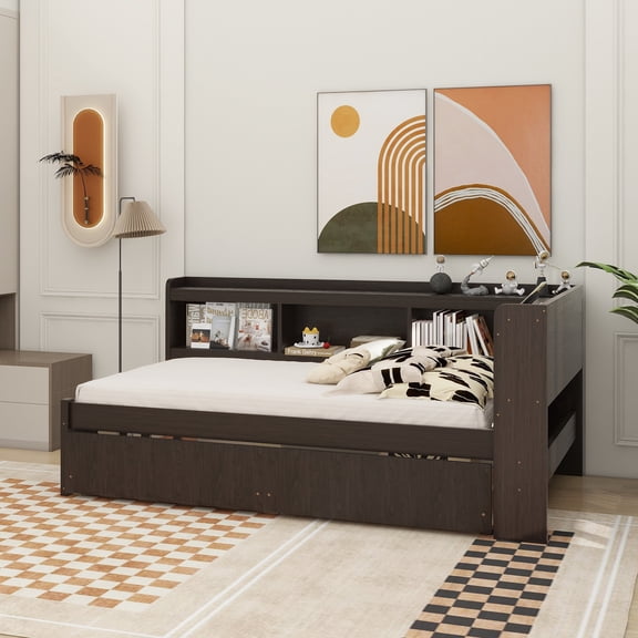 Twin Size L-shaped Bookcases Bed with Power Outlets, USB Charging Ports,Two Drawers,Espresso