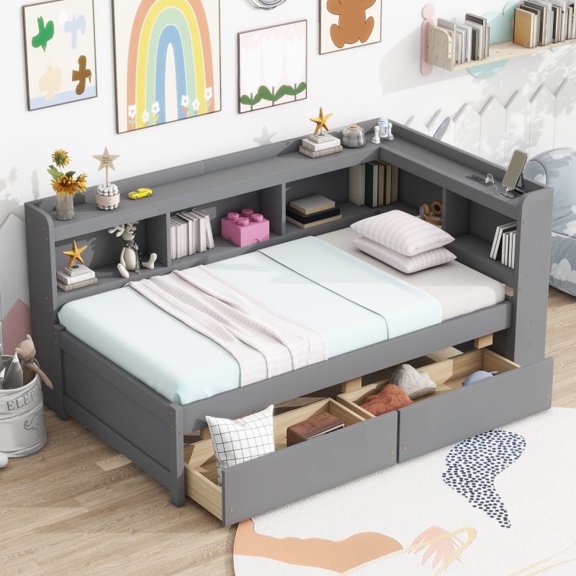 [Luckynote]Twin Size L-shaped Bookcases Bed with Power Outlets, USB Charging Ports,Two Drawers,Grey