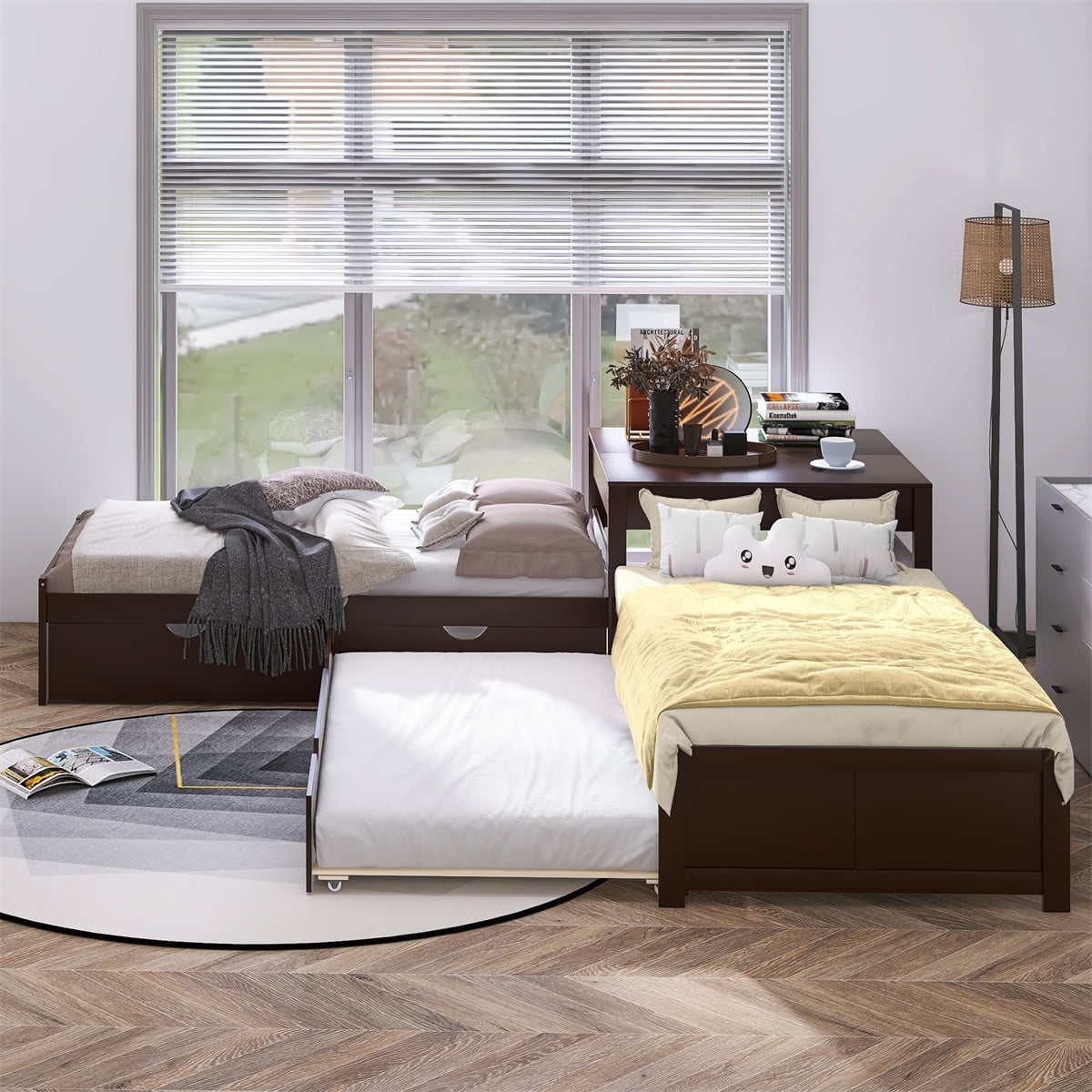 Twin Size L-shaped Platform Bed with Two Trundle Bed and Built-in