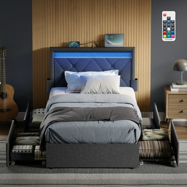 Twin Size LED Bed Frame with Headboard and 4 Drawers Storage Adjustable Upholstered Headboard 1 USB Port and 1 Type C PortNo Box Spring Needed Dark Grey