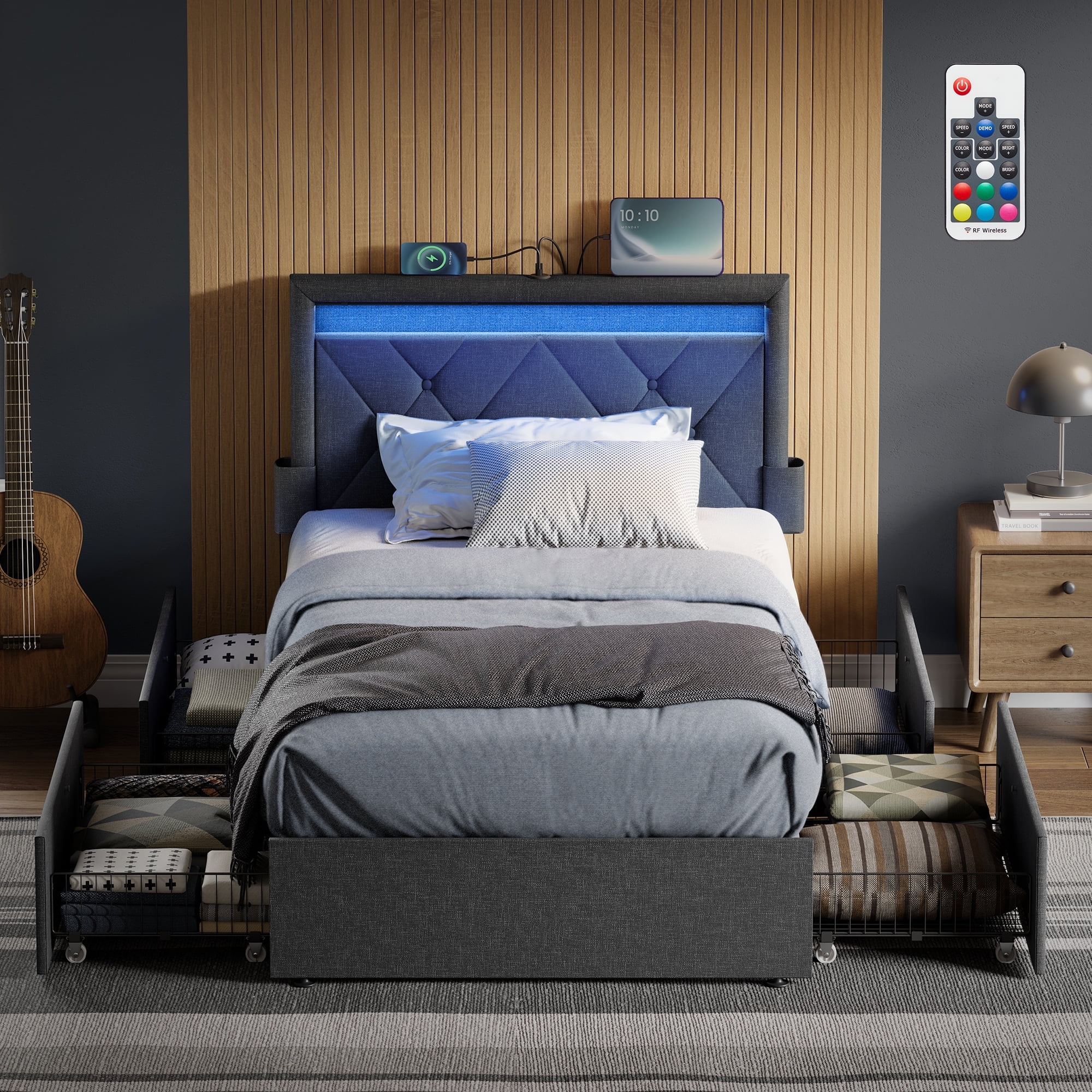 Galaxy - onebrid VASAGLE Twin LED Bed Frame, Adjustable Upholstered Headboard