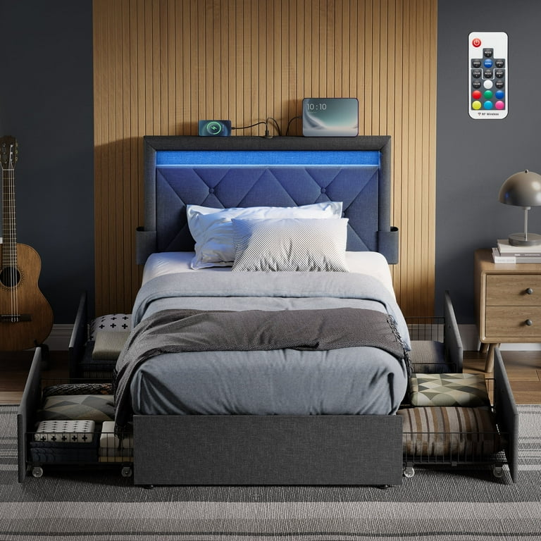 VASAGLE Twin LED Bed Frame, Adjustable Upholstered Headboard