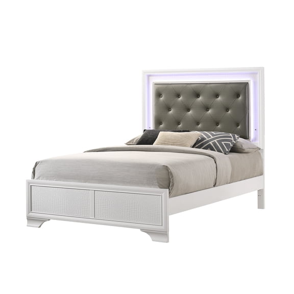 Twin Size LED Platform Bed with Upholstered Headboard, White Faux Leather, Crystal Accents, Modern Bed Frame