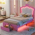 thumbnail image 1 of Twin Size LED Upholstered Storage Bed with Headboard, Modern Pink and White Platform Frame, 1 of 10