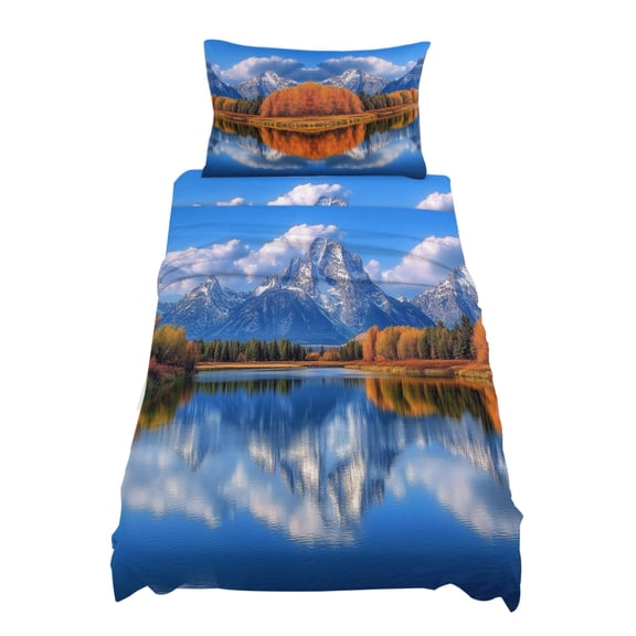 Twin Size Landscape Sky Sheet Sets Modern Forest Lake Maple Snow Mountain Soft Breathable Microfiber Bed Sheets Deep Pockets 4 Piece Bed Sheets Set, 1 Fitted Sheet, 1 Flat Sheet & 1 Pillowcases