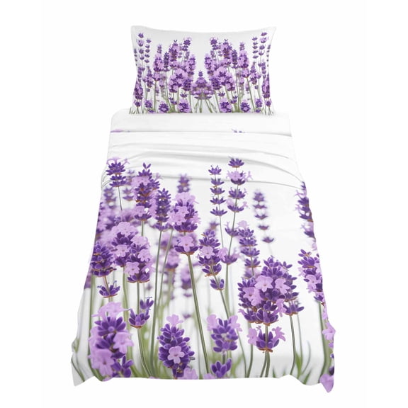 Twin Size Lavender Sheet Sets Purple Floral Leaves Plant White Background Soft Breathable Microfiber Bed Sheets Deep Pockets 4 Piece Bed Sheets Set, 1 Fitted Sheet, 1 Flat Sheet & 1 Pillowcases