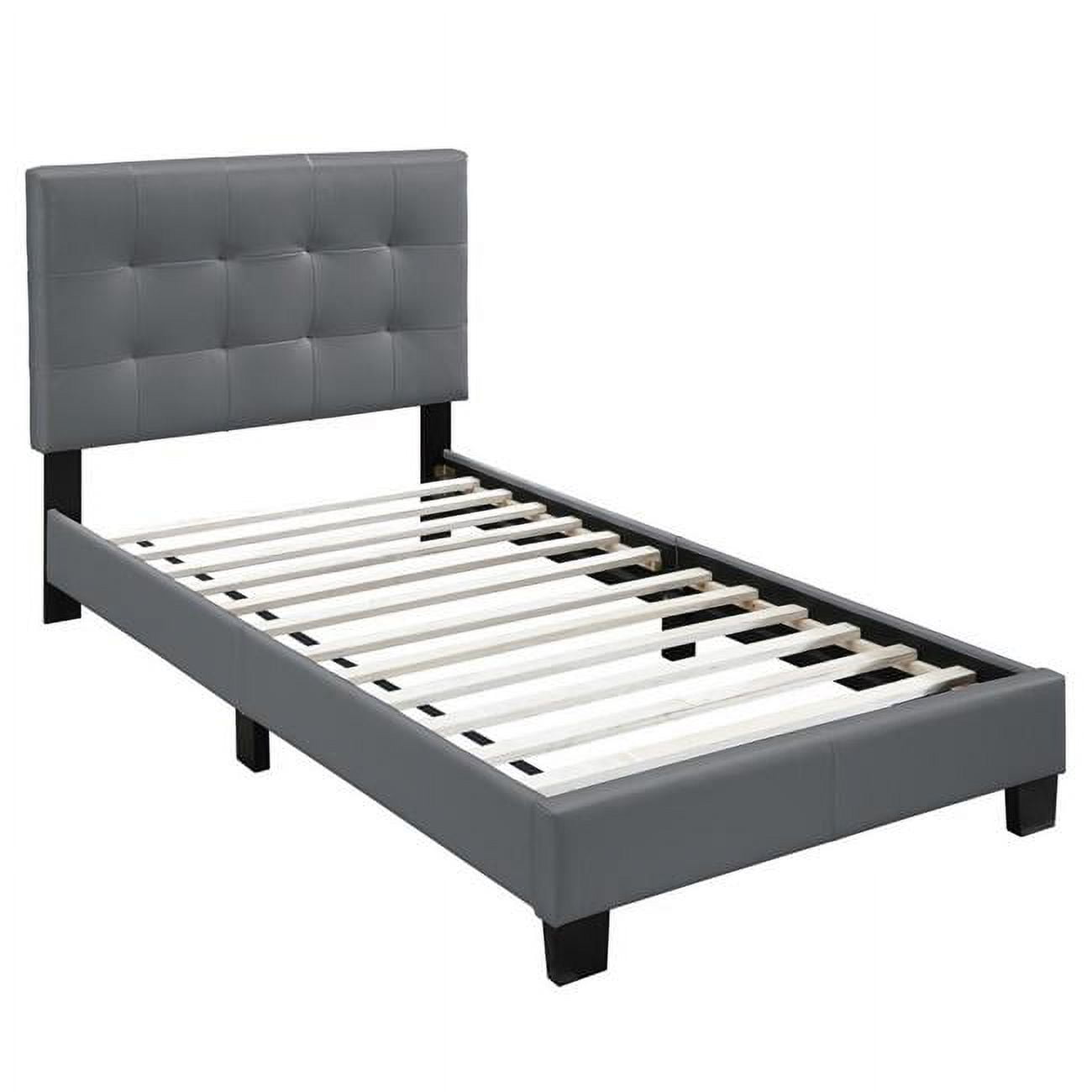 Twin Gray Faux Leather Bed with Checkered Tufted Headboard