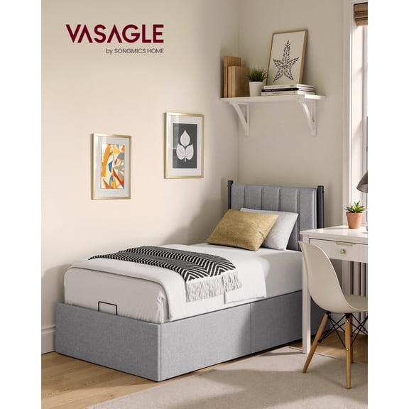 VASAGLE Lift Up Storage Bed Frame Twin Size, Hydraulic Platform Bed, with Upholstered Headboard, 550 lb Weight Capacity, No Box Spring Needed, Easy Assembly, Modern, Dove Gray