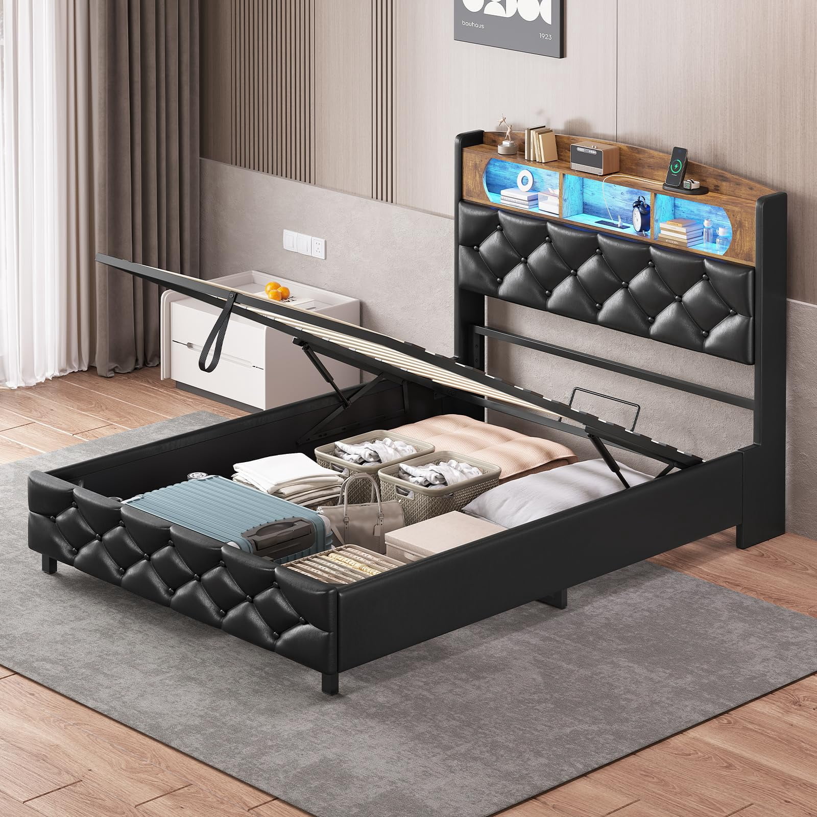 Twin Size Lift Up Storage Bed with Storage Headboard, Upholstered ...