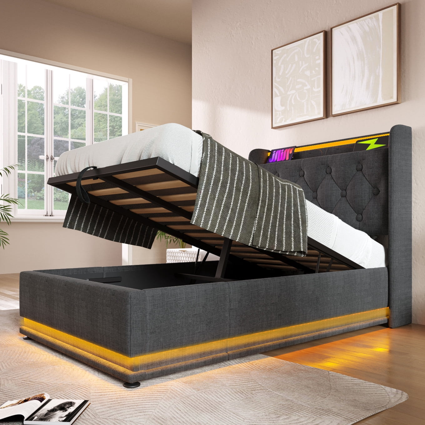 Twin Size Lift Up Storage Bed, Upholstered Platform Bed Frame with ...